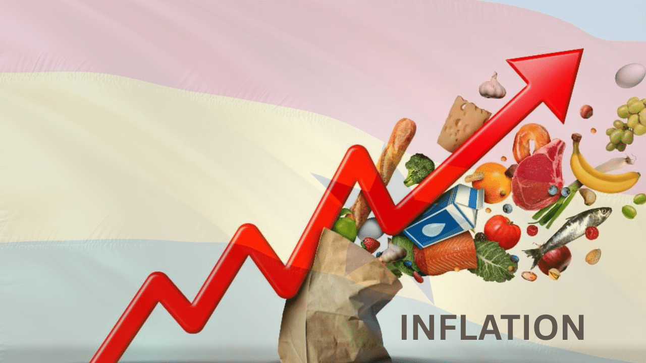 Various food items and fruits emerging from a brown paper bag, with a crooked arrow cutting across and Ghana's flag in the background, symbolising inflation in Ghana.