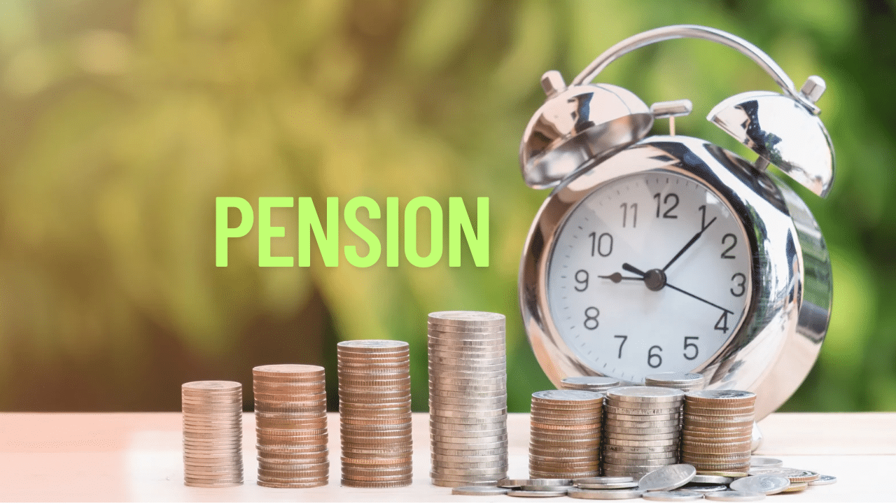 A table clock behind stacks of silver coins, symbolizing retirement savings