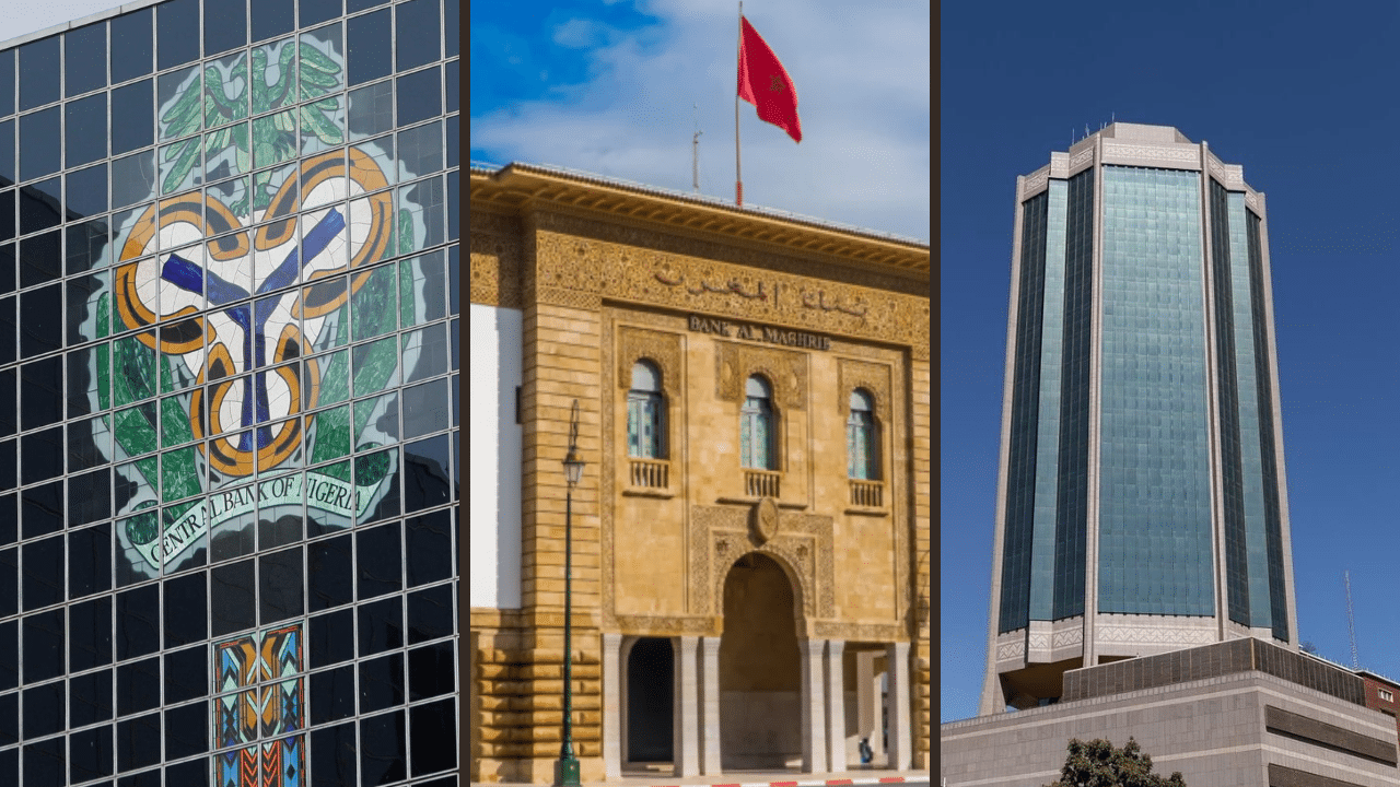A three-photo collage showing close up views of the Central Bank of Nigeria, Bank Al-Maghrib and the Reserve Bank of Zimbabwe.
