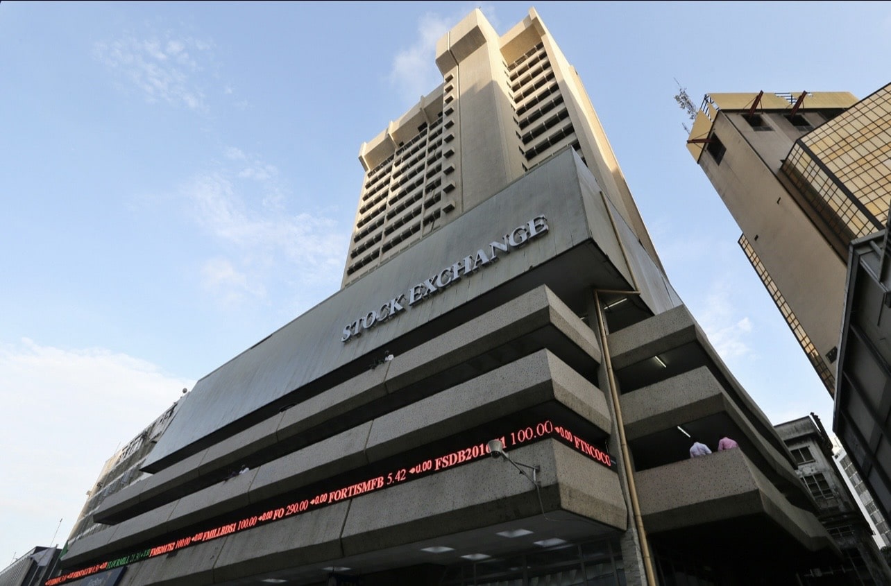 A low angle shot of a stock exchange building