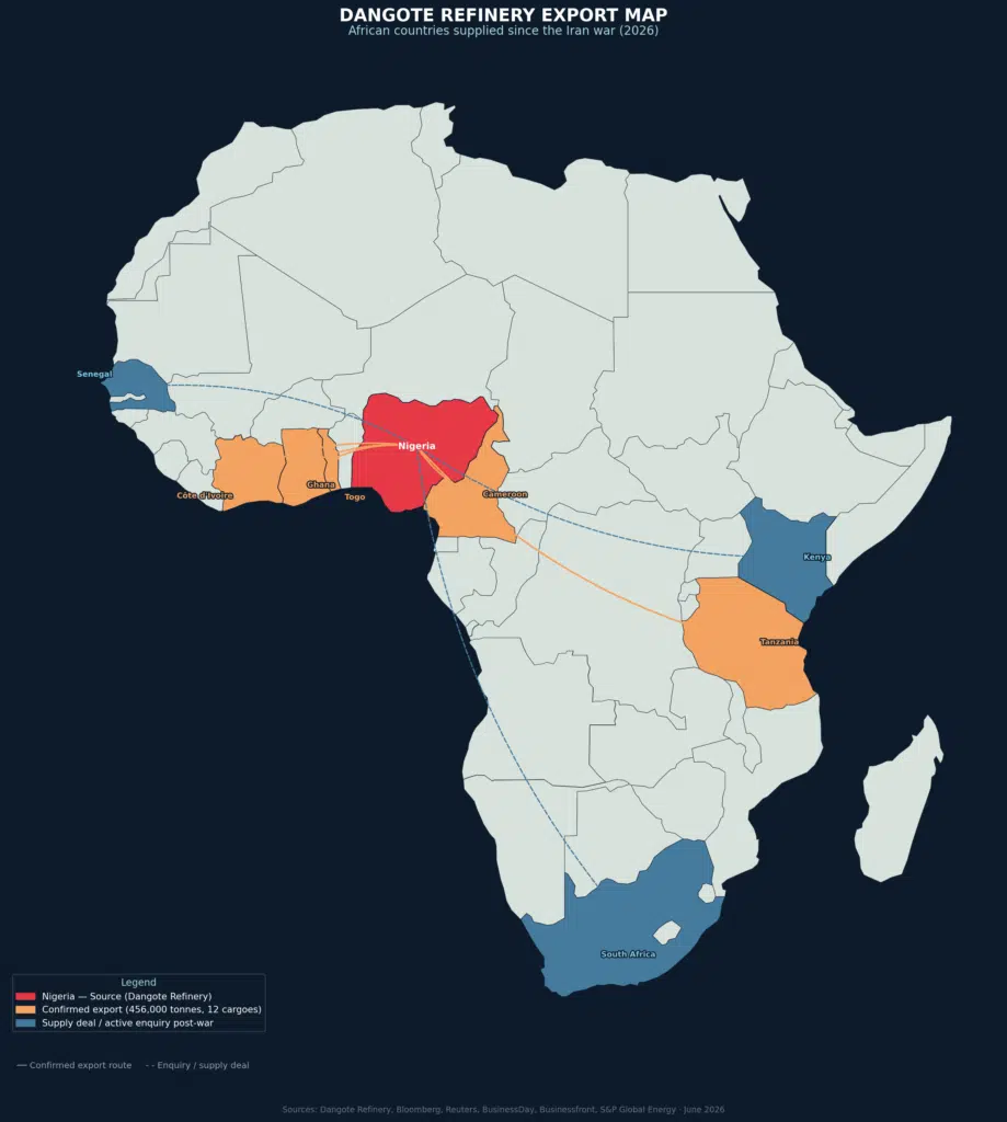 Dangote refinery export map in Africa